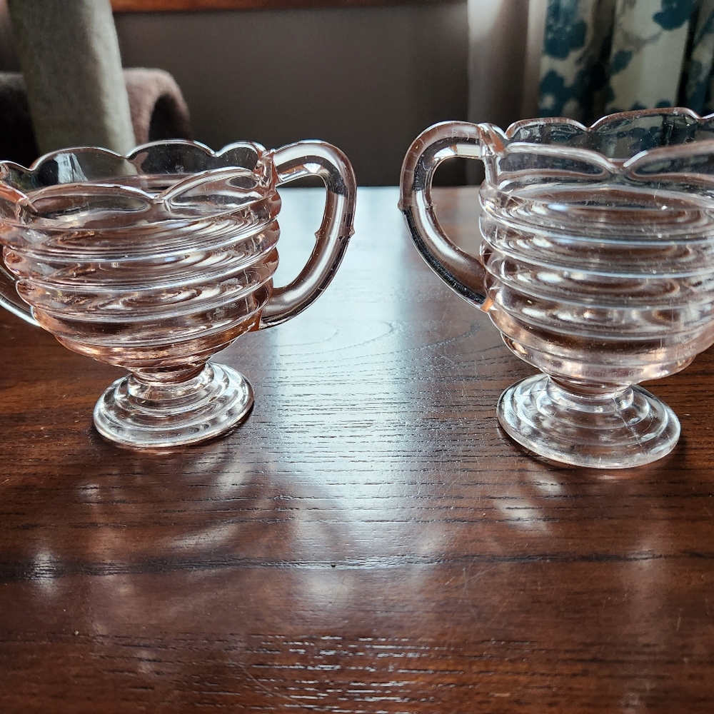 Vintage Anchor hocking pink Manhattan creamer and sugar